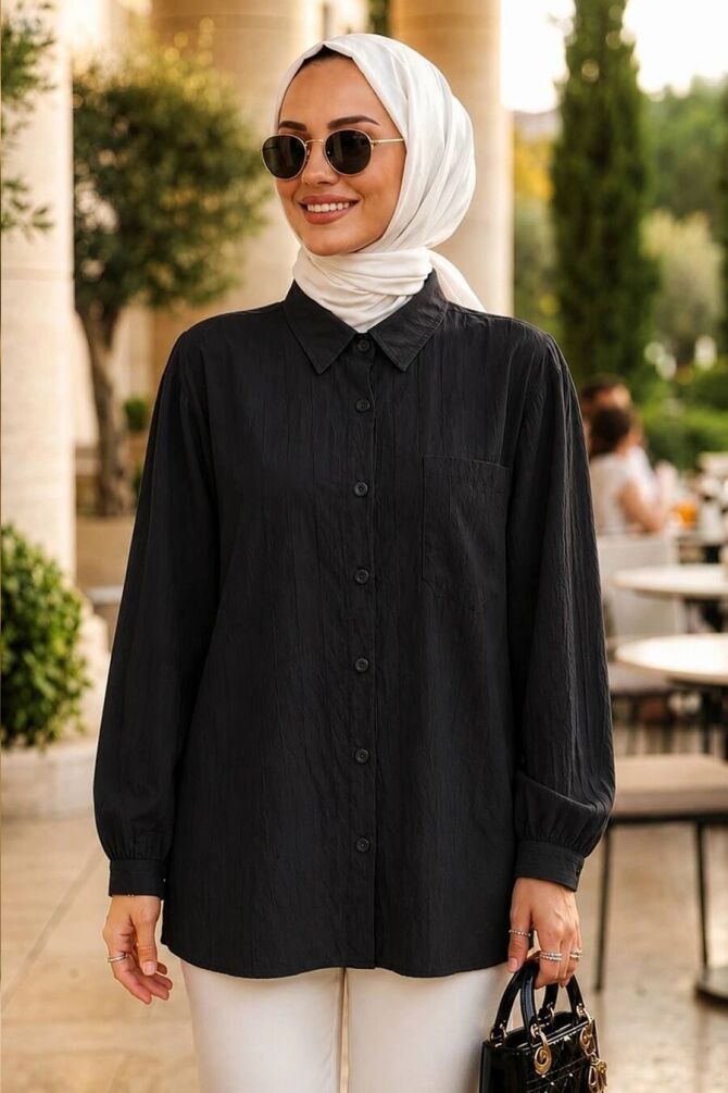 Striped Bamboo Black Modest Shirt 15587S - 1