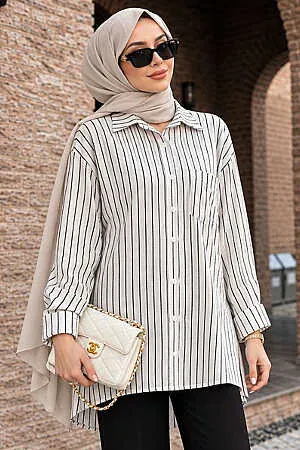 Striped Bamboo Black Modest Shirt 15701S 