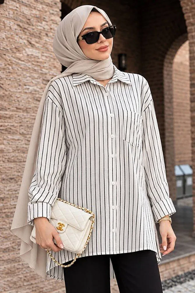Striped Bamboo Black Modest Shirt 15701S - 1