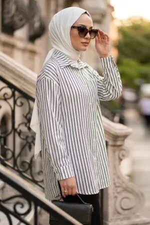 Striped Bamboo Navy Blue Modest Shirt 15701L - 1