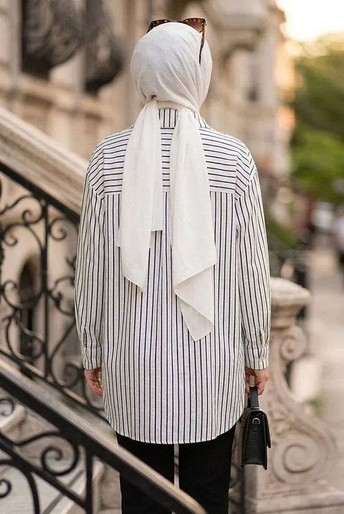 Striped Bamboo Navy Blue Modest Shirt 15701L - 2