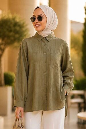 Striped Bamboo Olive Green Modest Shirt 15587YY - 1