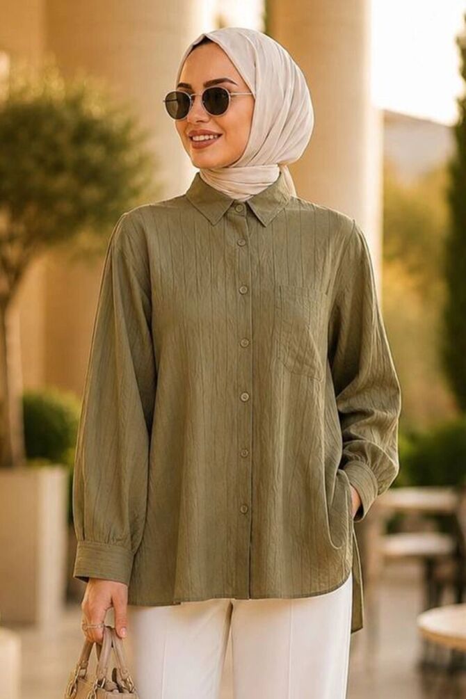 Striped Bamboo Olive Green Modest Shirt 15587YY - 1