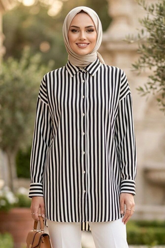 Striped Modal Black Modest Shirt 52342S - 1