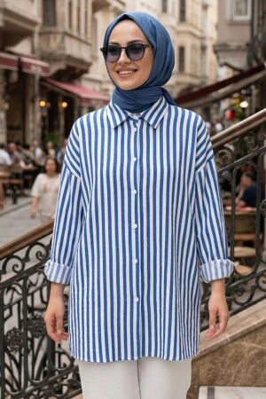 Striped Modal Blue Modest Shirt 52342M 
