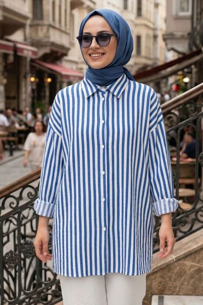 Striped Modal Blue Modest Shirt 52342M - 1