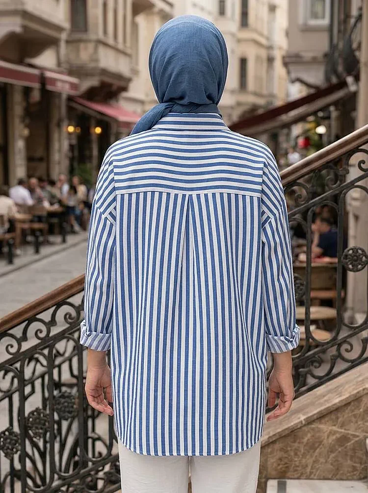 Striped Modal Blue Modest Shirt 52342M - 2