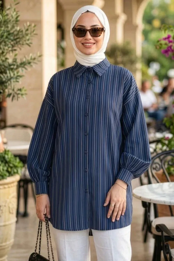 Striped Navy Blue Modest Tunic 101016L - 1