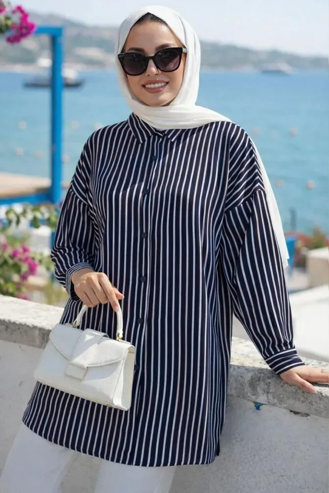 Striped Navy Blue Modest Tunic 20421L - 1