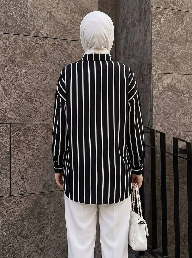 Striped Pocketed Black Modest Shirt 52112S - 2