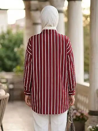 Striped Pocketed Dark Burgundy Modest Shirt 52112KBR - 2