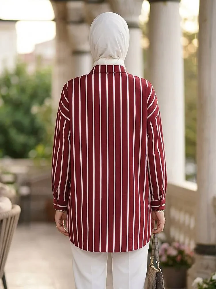 Striped Pocketed Dark Burgundy Modest Shirt 52112KBR - 2