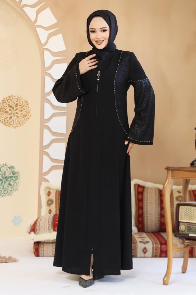 Suni Deri Detaylı Siyah Tesettür Abaya 41570S - 2