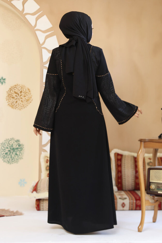 Suni Deri Detaylı Siyah Tesettür Abaya 41570S - 3