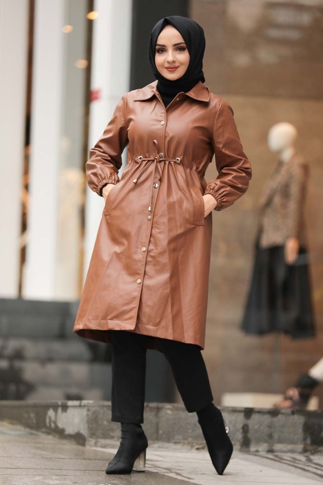 Sunuff Clolored Hijab Leather Coat 1309TB - 1