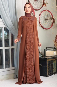 Neva Style - Plus Size Sunuff Colored Muslim Fashion Evening Dress 20803TB - Thumbnail