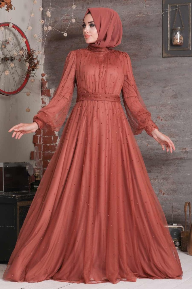 Sunuff Colored Hijab Evening Dress 2176TB - 1