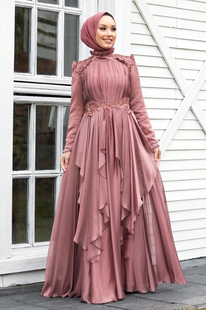Neva Style - Luxury Sunuff Colored Muslim Long Sleeve Dress 21850TB - 2