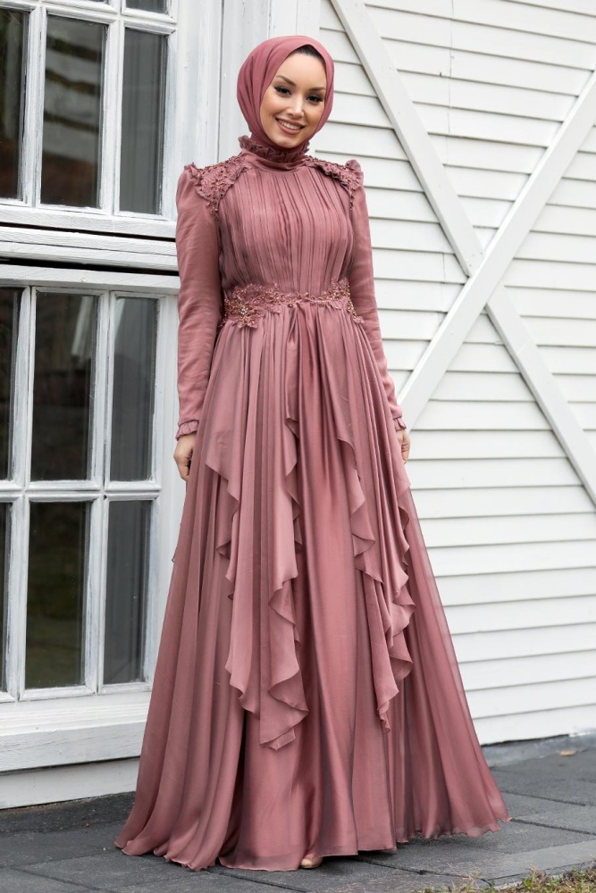 Neva Style - Luxury Sunuff Colored Muslim Long Sleeve Dress 21850TB - 3