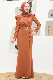 Neva Style - Modern Sunuff Colored Hijab Prom Dress 3231TB - Thumbnail