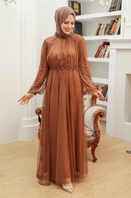 Neva Style - Plus Size Sunuff Colored Islamic Clothing Engagement Dress 9170TB - Thumbnail