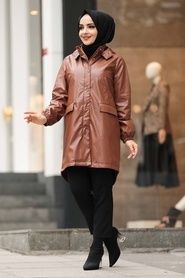 Sunuff Colored Hijab Leather Coat 1305TB - Thumbnail