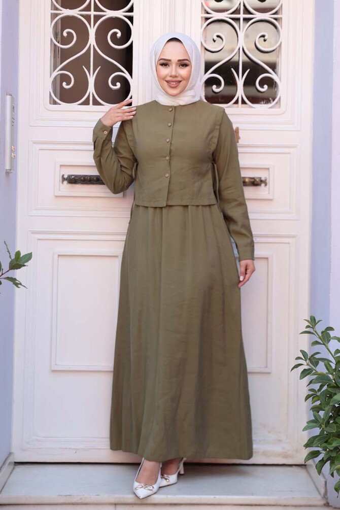 Süveter Açık Haki Tesettür Elbise 7705AHK - N.S NEVA STYLE