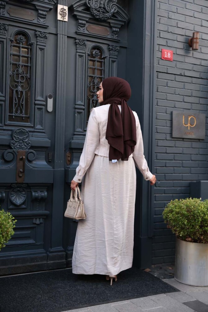 Süveter Detaylı Bej Tesettür Elbise 7705BEJ - 3