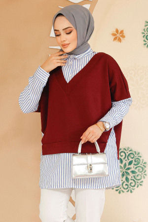 Süveter Detaylı Bordo Tesettür Gömlek 60102BR - NEVA STYLE