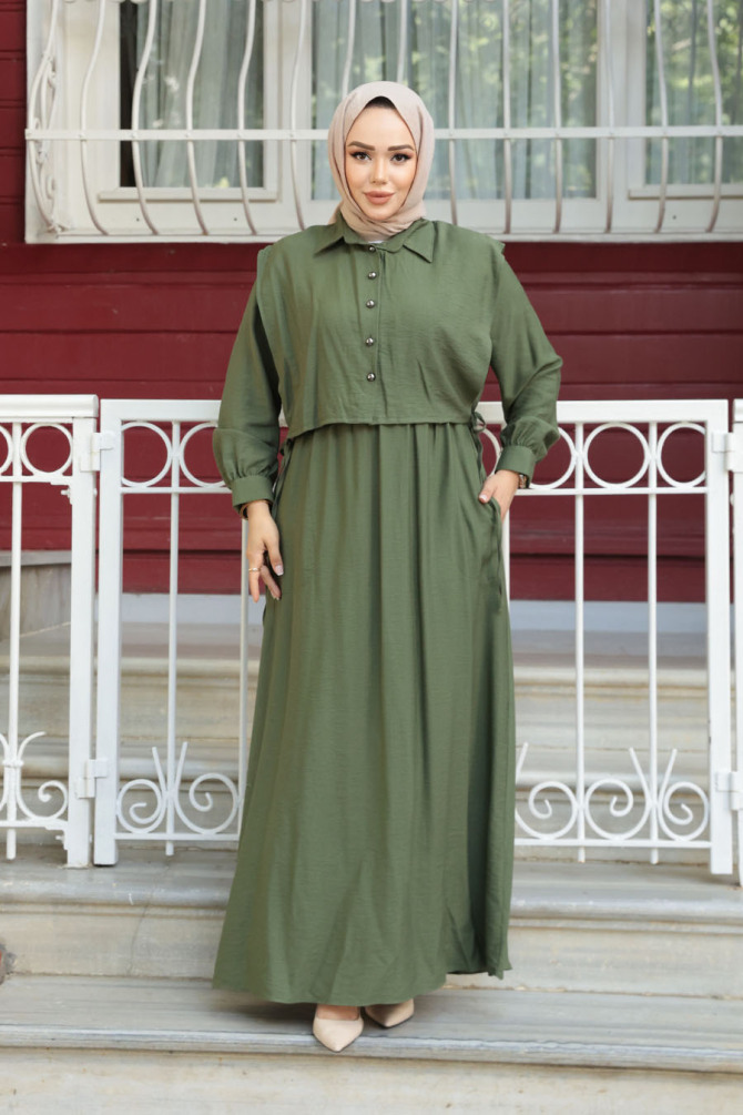 Süveter Detaylı Haki Tesettür Elbise 7253HK - 1