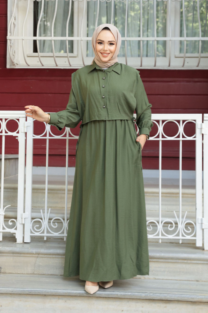 Süveter Detaylı Haki Tesettür Elbise 7253HK - 2