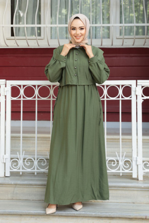 Süveter Detaylı Haki Tesettür Elbise 7253HK - 3