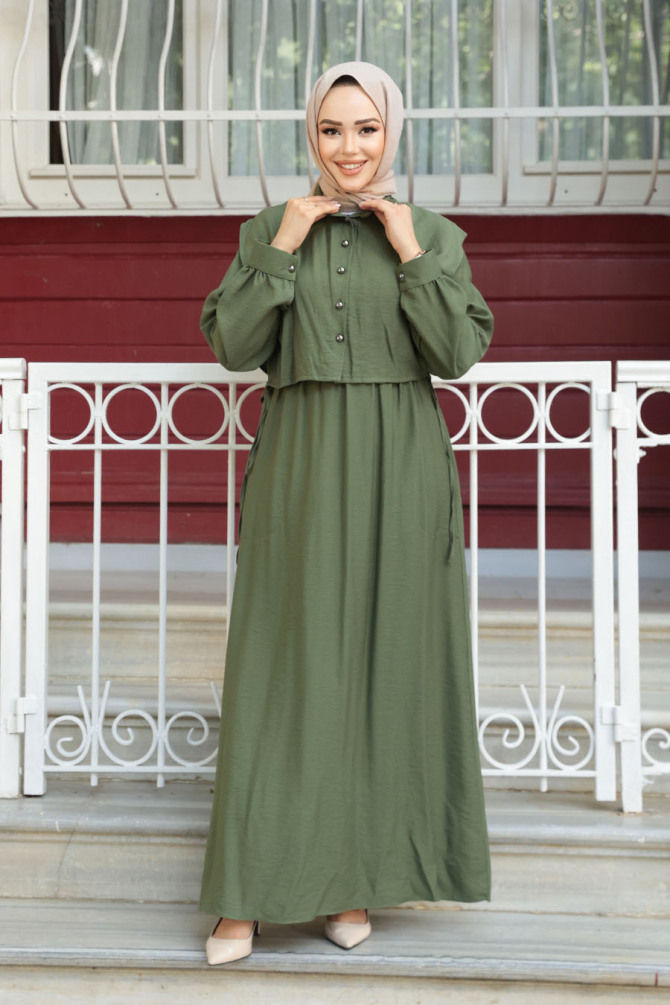 Süveter Detaylı Haki Tesettür Elbise 7253HK - 3