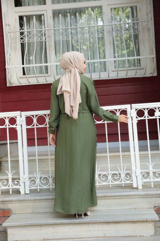 Süveter Detaylı Haki Tesettür Elbise 7253HK - 4