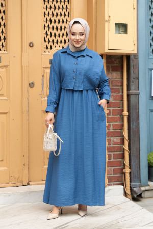 Süveter Detaylı İndigo Mavisi Tesettür Elbise 7253IM 
