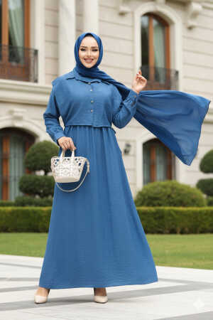 Süveter Detaylı İndigo Mavisi Tesettür Elbise 7253IM - 1