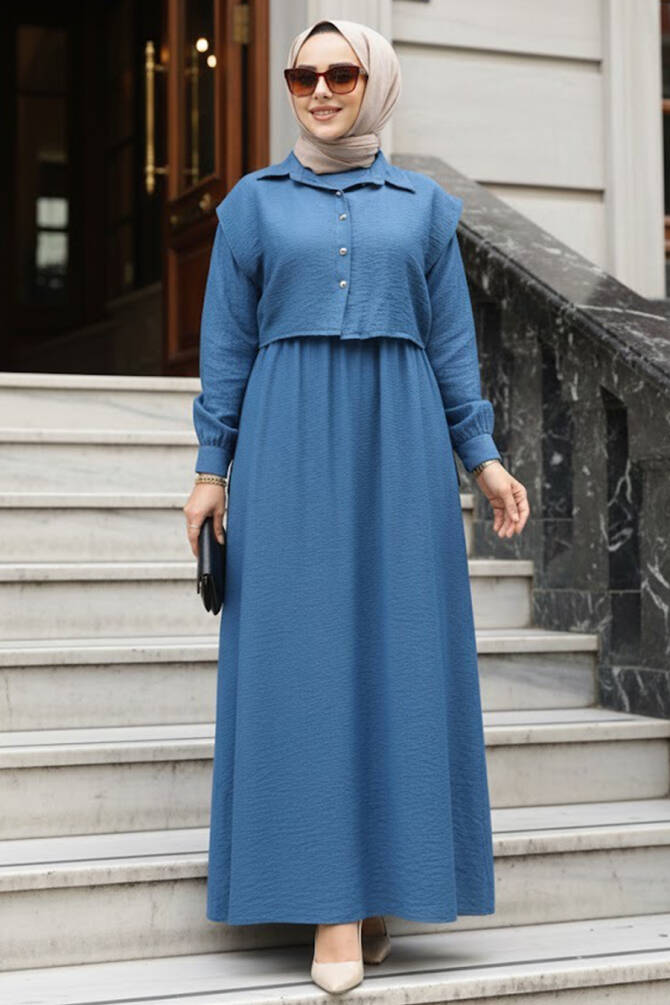 Süveter Detaylı İndigo Mavisi Tesettür Elbise 7253IM - 1