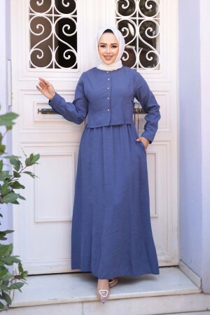 Süveter Detaylı İndigo Mavisi Tesettür Elbise 7705IM 