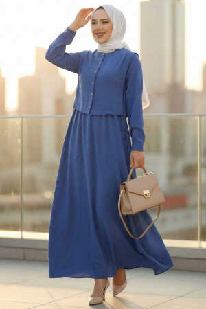 Süveter Detaylı İndigo Mavisi Tesettür Elbise 7705IM 