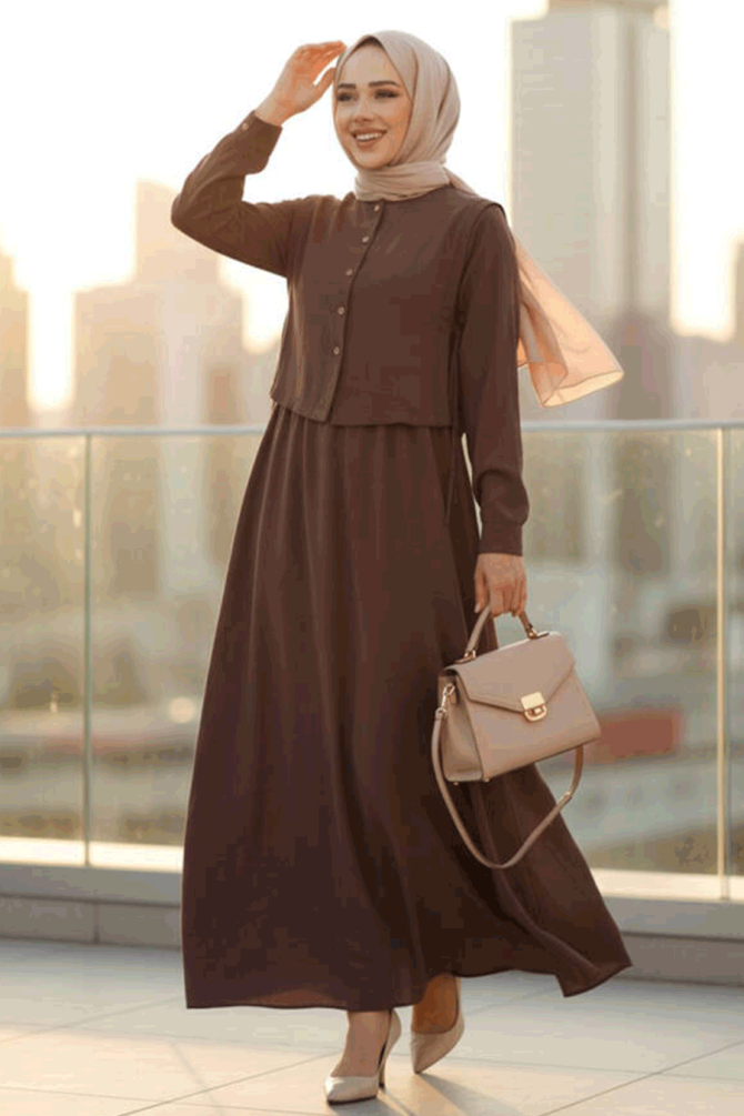 Süveter Detaylı Kahverengi Tesettür Elbise 7705KH - N.S NEVA STYLE