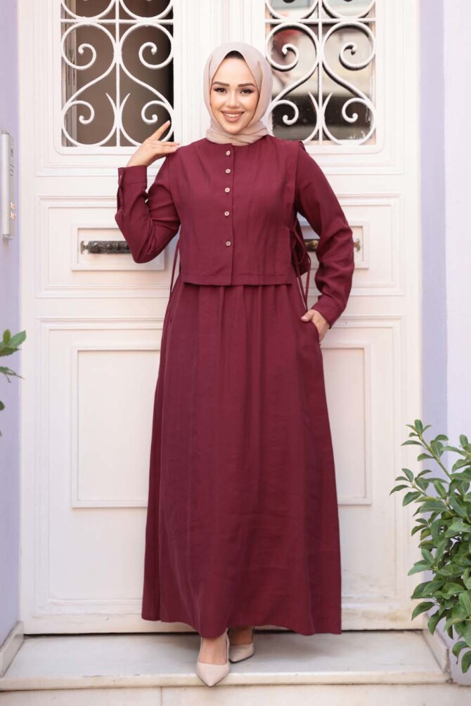 Süveter Detaylı Koyu Bordo Tesettür Elbise 7705KBR - N.S NEVA STYLE