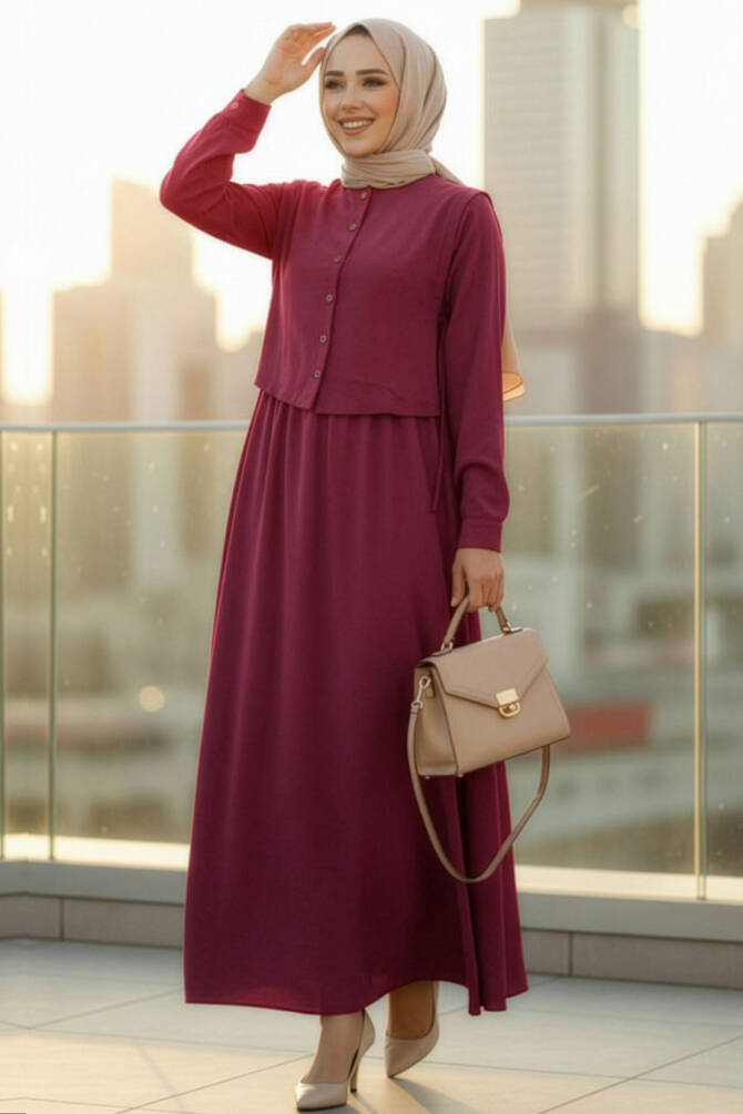 Süveter Detaylı Koyu Bordo Tesettür Elbise 7705KBR - N.S NEVA STYLE