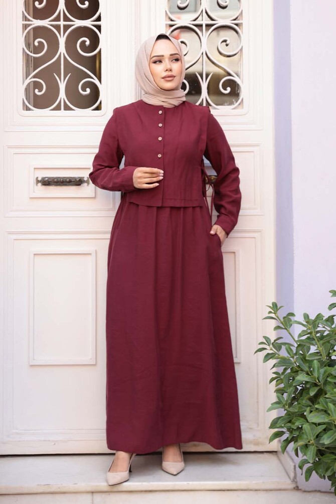 Süveter Detaylı Koyu Bordo Tesettür Elbise 7705KBR - 3