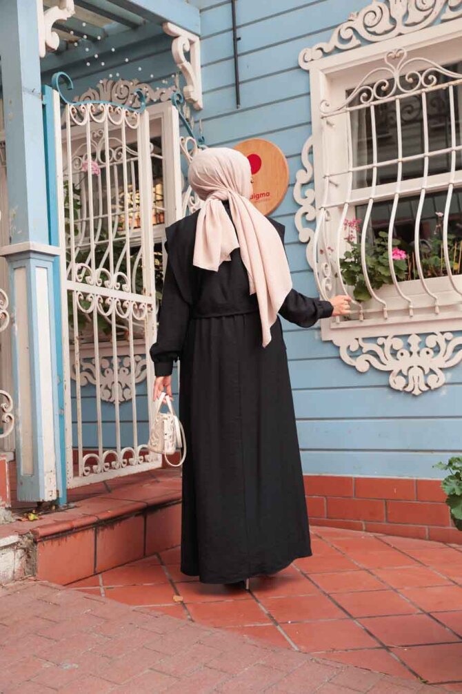 Süveter Detaylı Siyah Tesettür Elbise 7253S - 4