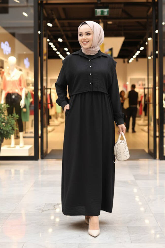 Süveter Detaylı Siyah Tesettür Elbise 7253S - N.S NEVA STYLE