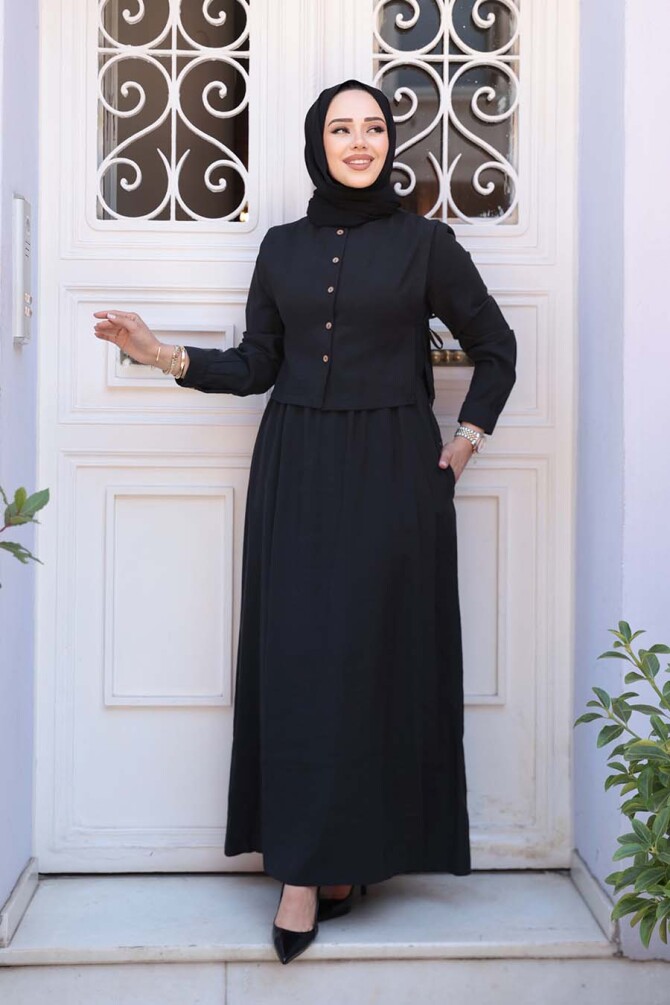 Süveter Detaylı Siyah Tesettür Elbise 7705S - N.S NEVA STYLE