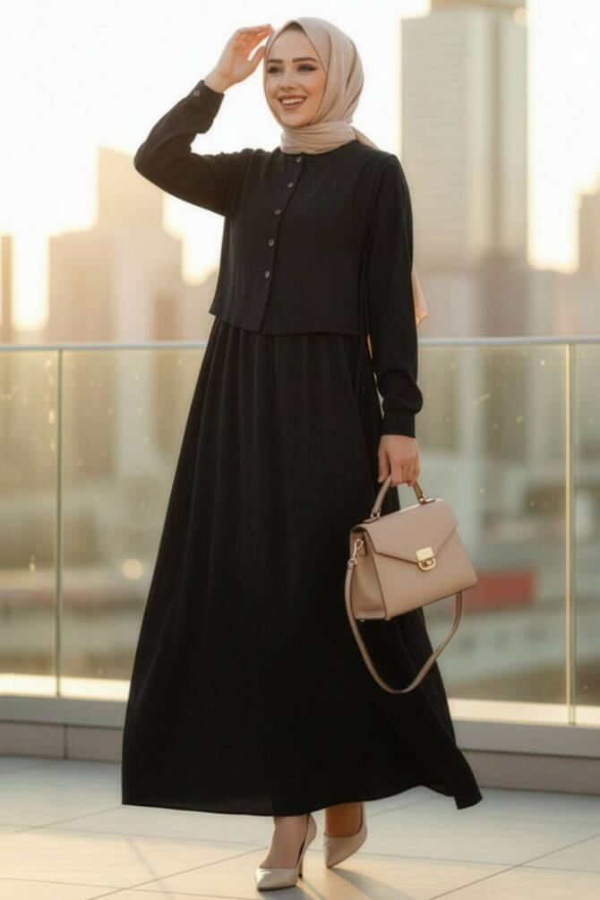 Süveter Detaylı Siyah Tesettür Elbise 7705S - N.S NEVA STYLE