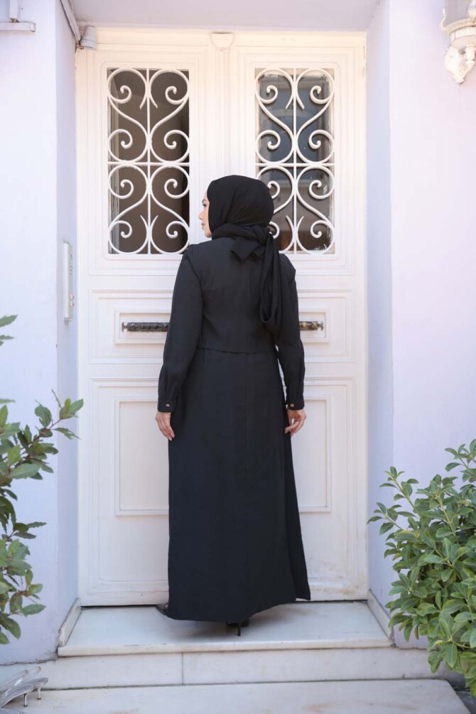 Süveter Detaylı Siyah Tesettür Elbise 7705S - 4