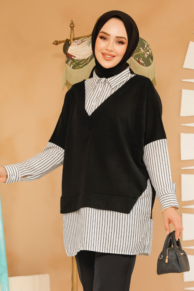 Süveter Detaylı Siyah Tesettür Gömlek 60102S - 1