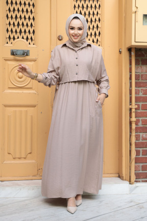 Süveter Detaylı Vizon Tesettür Elbise 7253V - 3